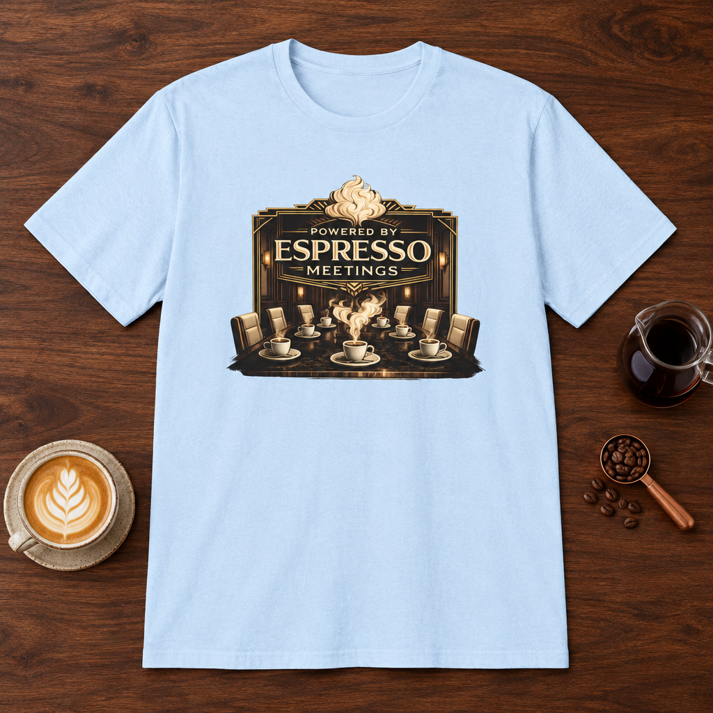 Powered by Espresso Meetings T-Shirt Light Blue coffee bar mockup
