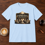 Powered by Espresso Meetings T-Shirt Light Blue coffee bar mockup