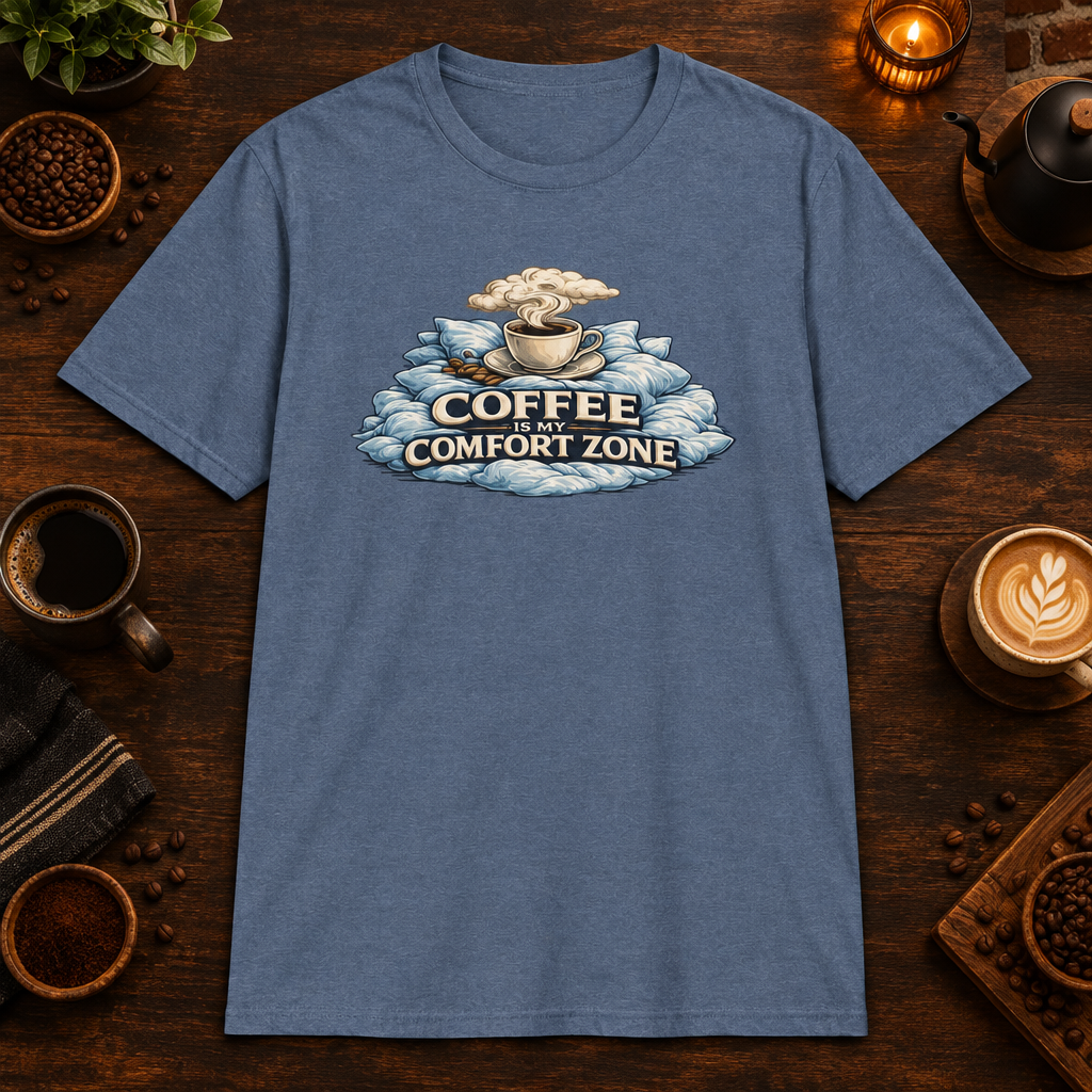 Comfort Zone T-Shirt in Heather Indigo, zoomed lifestyle mockup