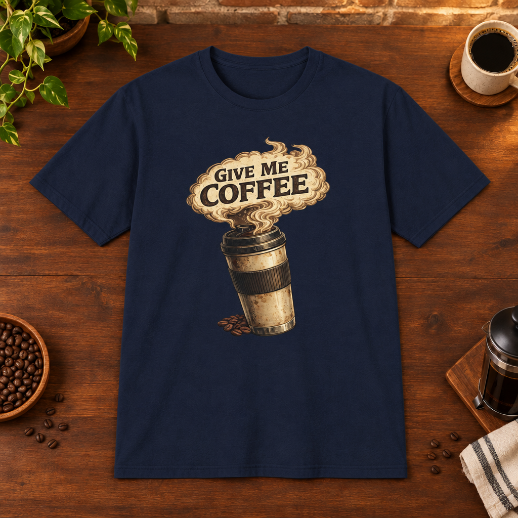 Give Me Coffee T-Shirt Navy coffee-bar flat lay, consistent framing
