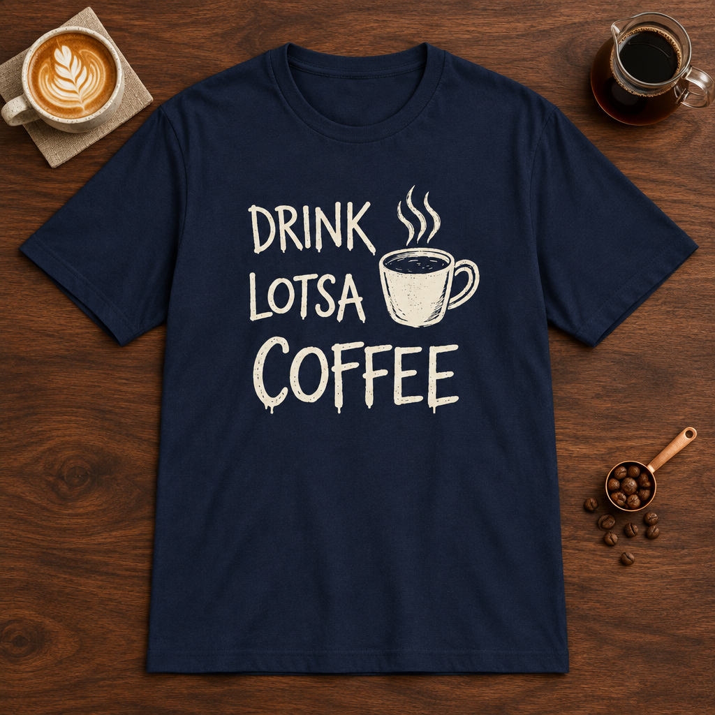 Drink Lotsa Coffee-Dark T-Shirt Navy coffee bar mockup