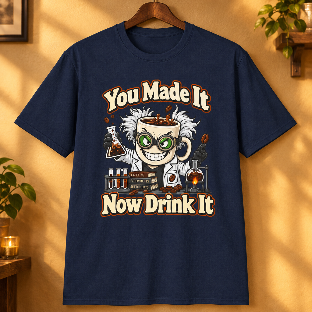 You Made It Now Drink It T-Shirt in Navy, tighter zoom-in mockup