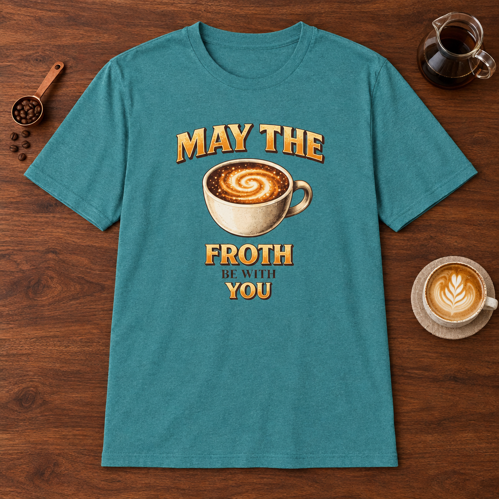 May the Froth Be With You T-Shirt Heather Galapagos Blue coffee bar mockup