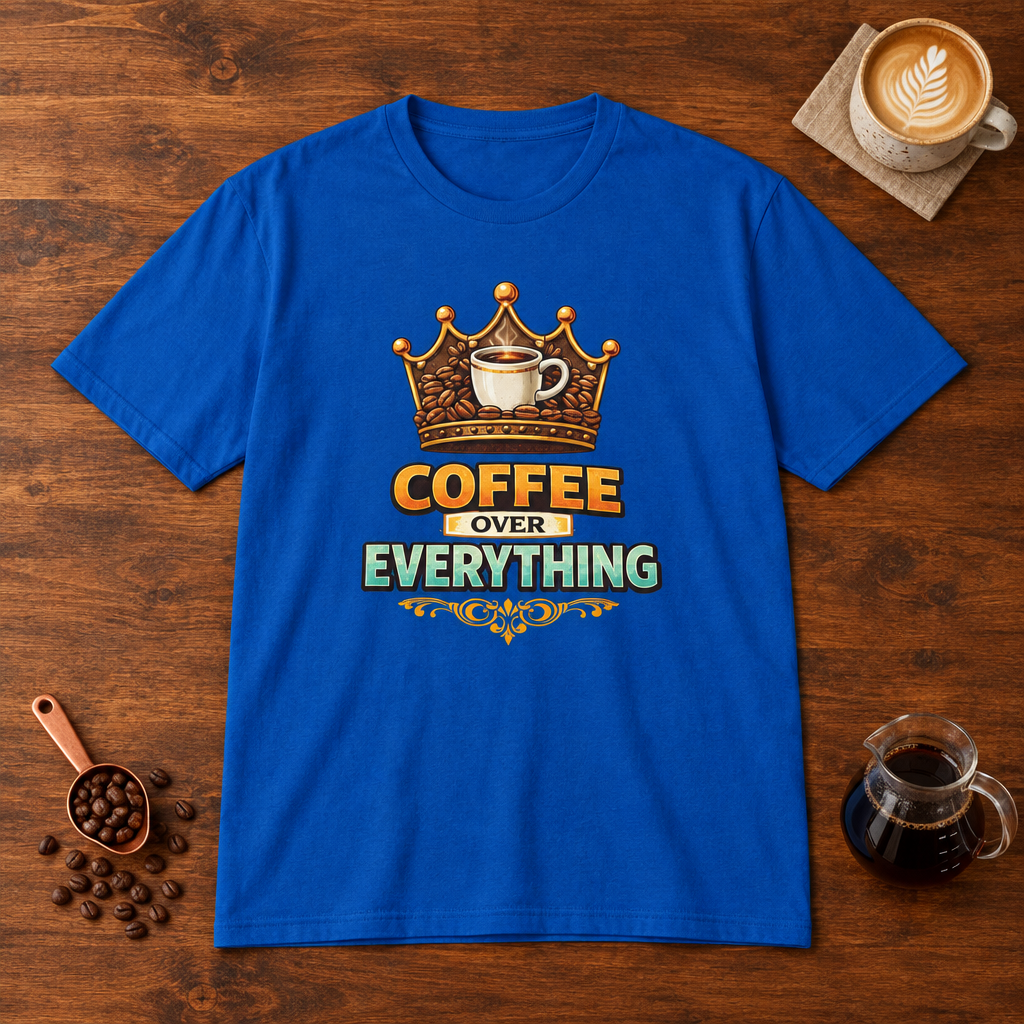 Coffee Over Everything T-Shirt Royal flat lay on walnut coffee bar