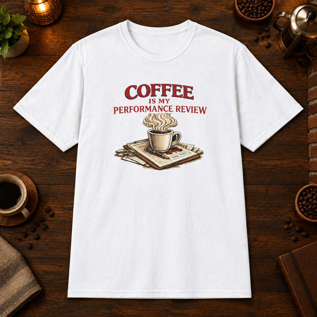 Coffee is My Performance Review T-Shirt in White, zoomed lifestyle mockup