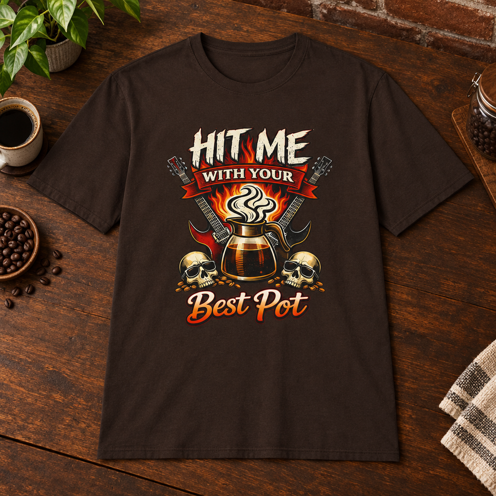Hit Me with Your Best Pot T-Shirt Dark Chocolate close-fill short-sleeve coffee-bar flat lay