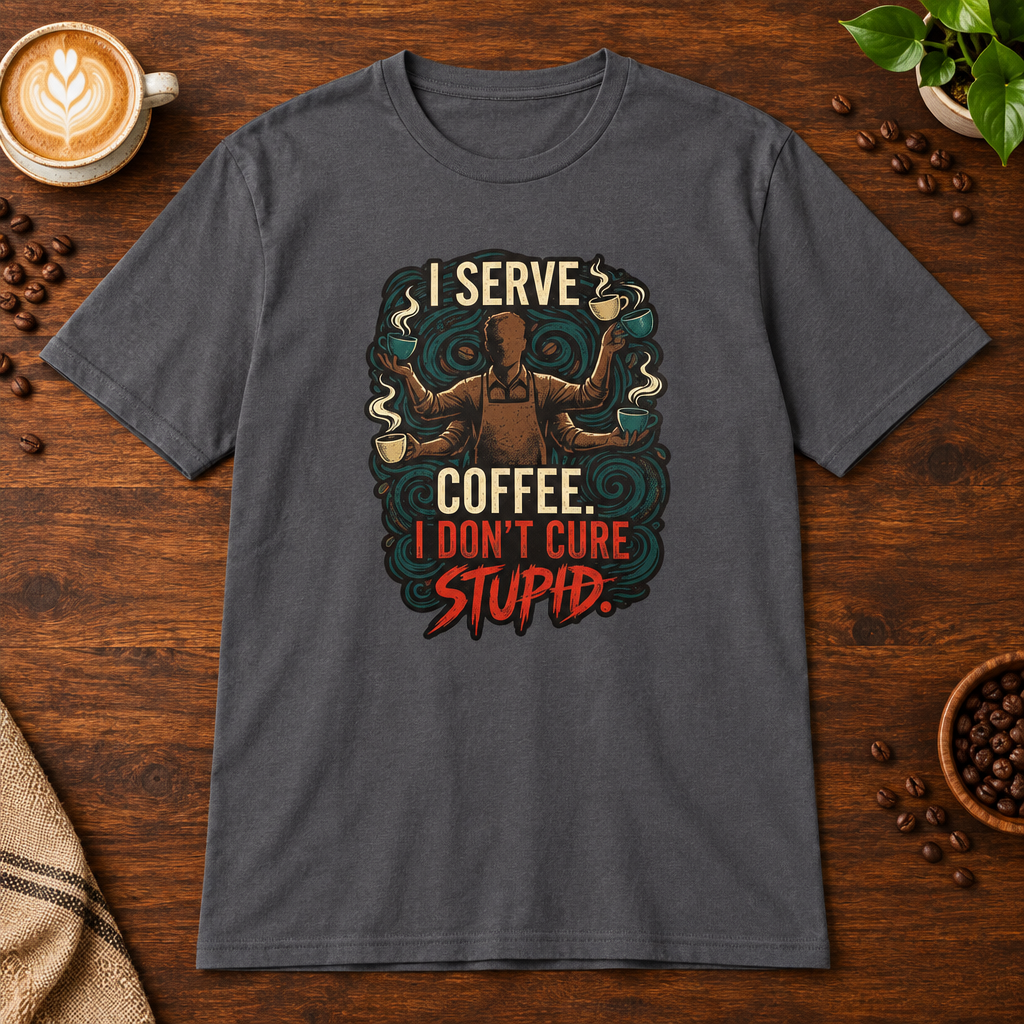 I Don't Cure Stupid T-Shirt Charcoal on warm coffee bar