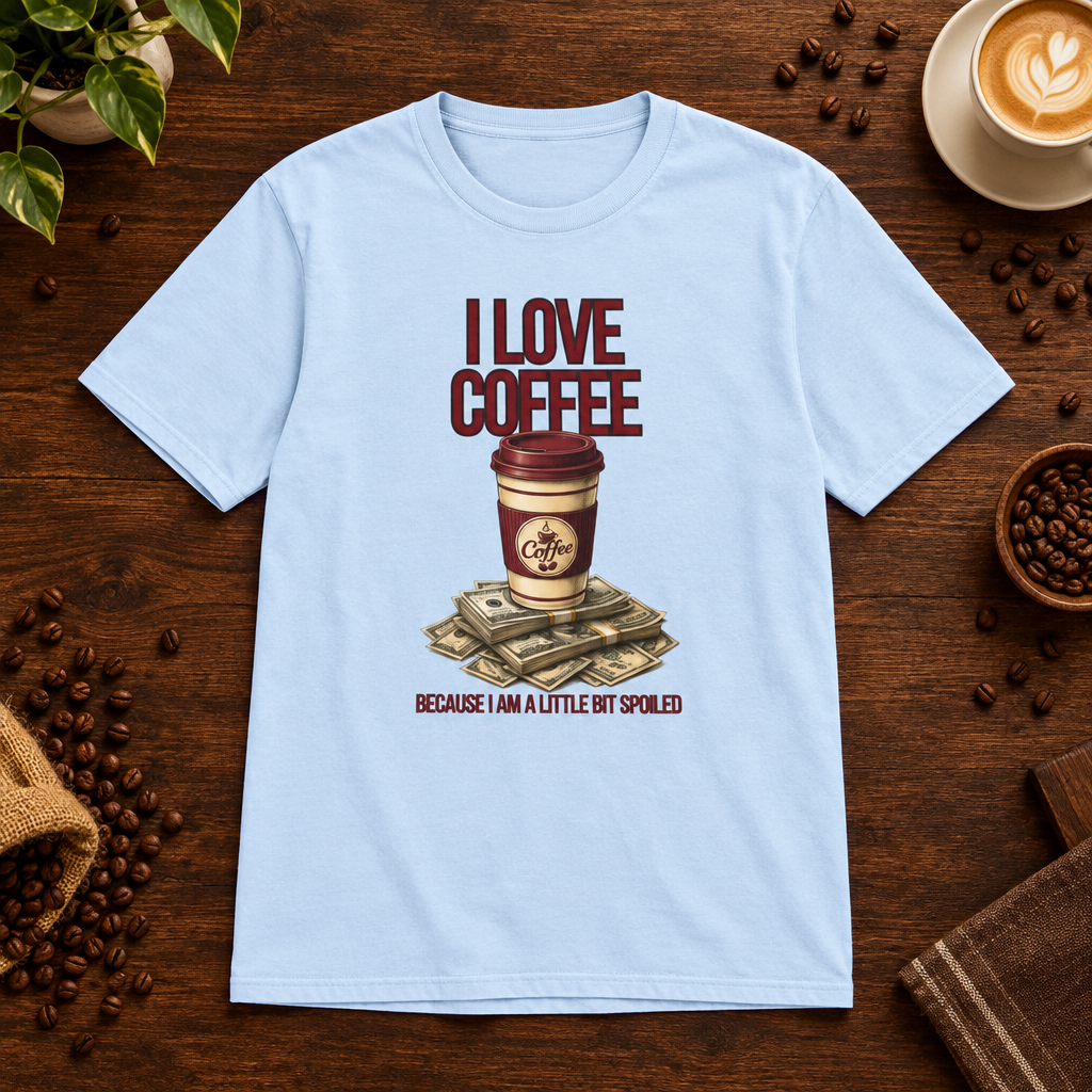 I Love Coffee T-Shirt Light Blue on warm coffee bar