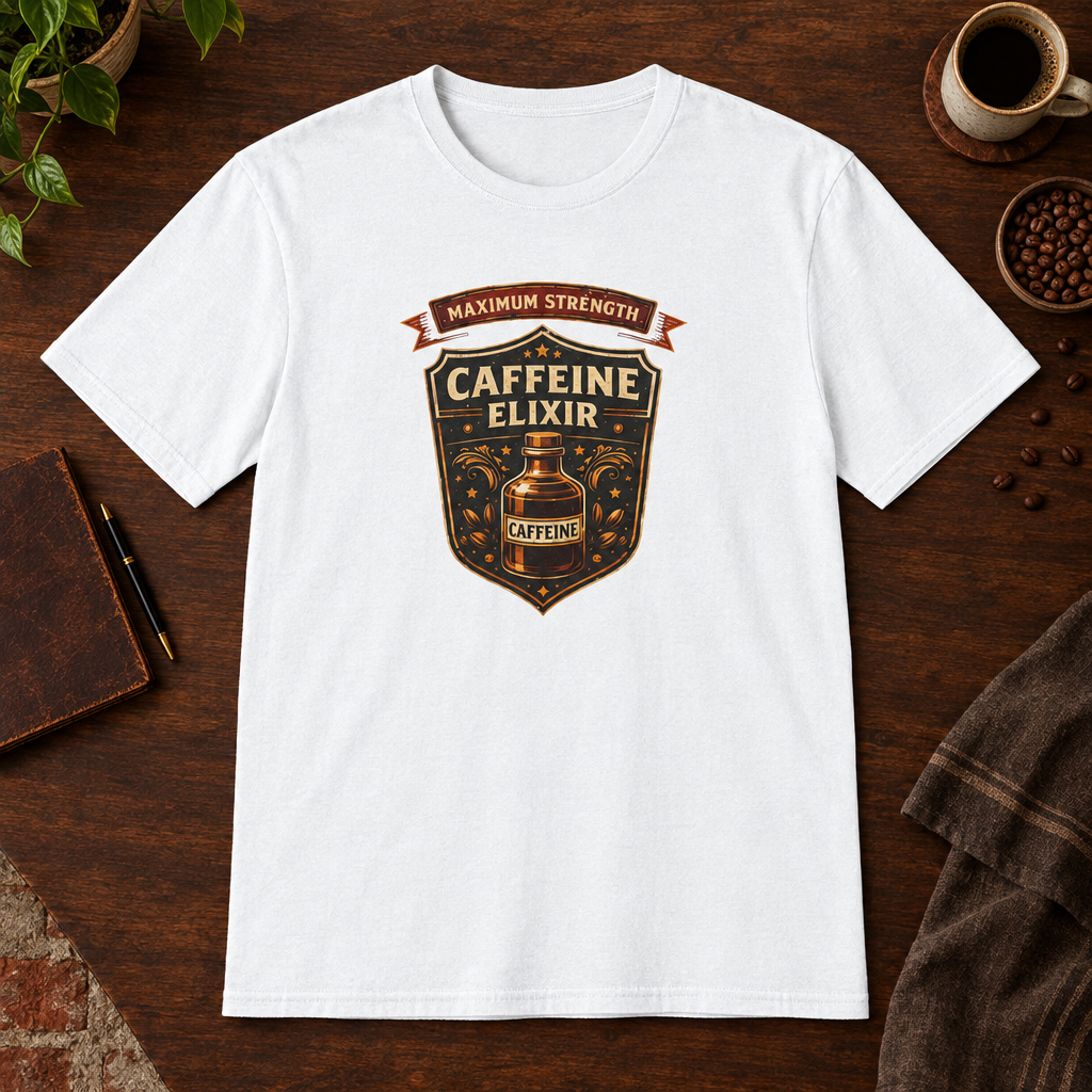 Caffeine Elixir T-Shirt White close-fill short-sleeve coffee-bar flat lay
