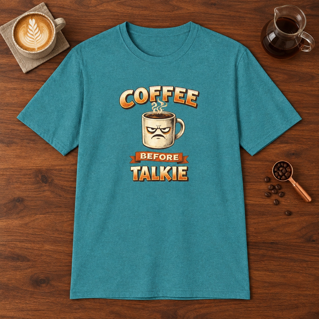 Coffee Before Talkie T-Shirt Heather Galapagos Blue coffee bar mockup