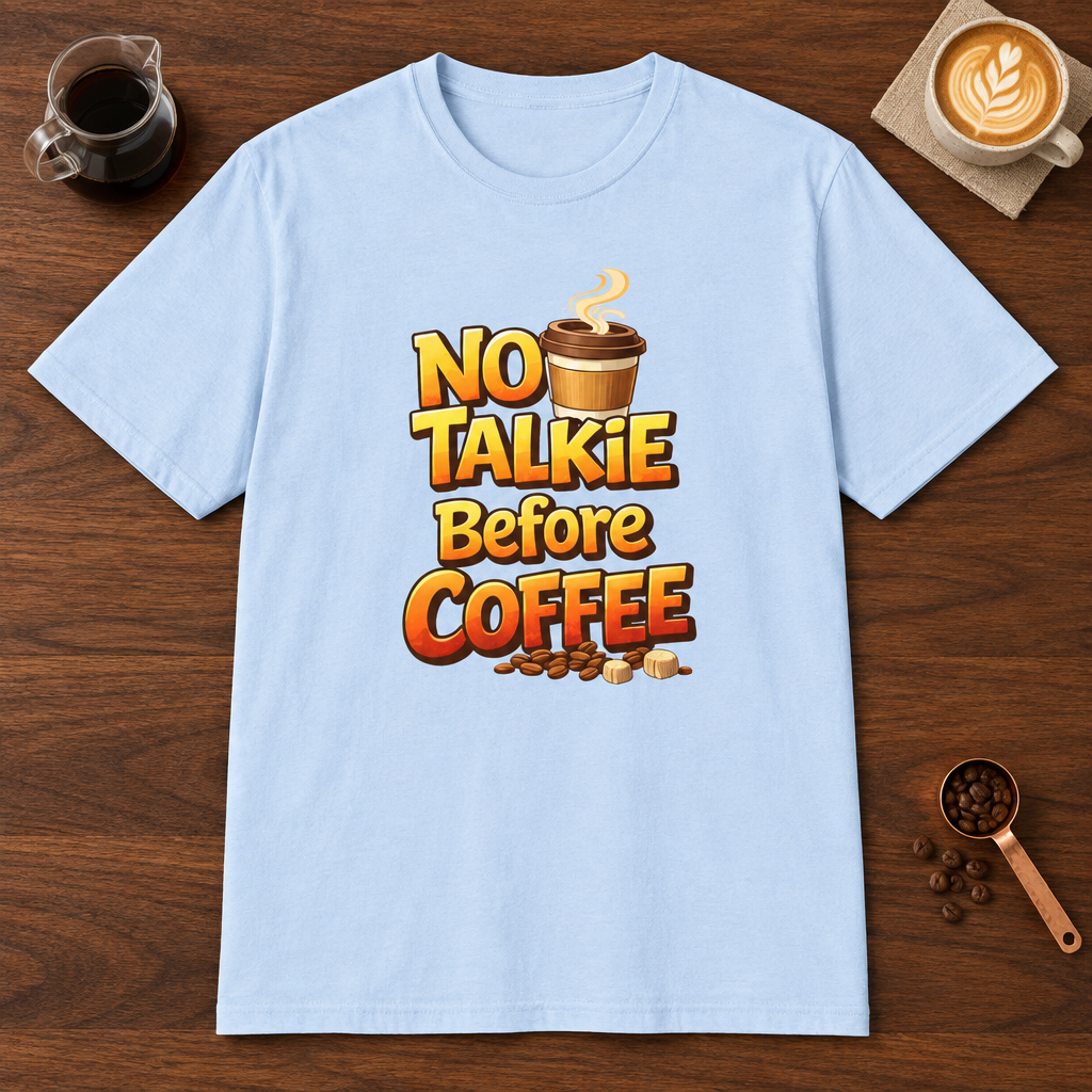 No Talkie Before Coffee 2 T-Shirt Light Blue coffee bar mockup