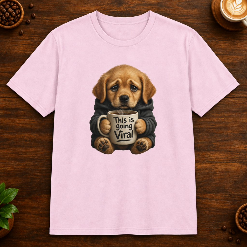 This Is Going Viral T-Shirt in Light Pink on a dark wood coffee bar
