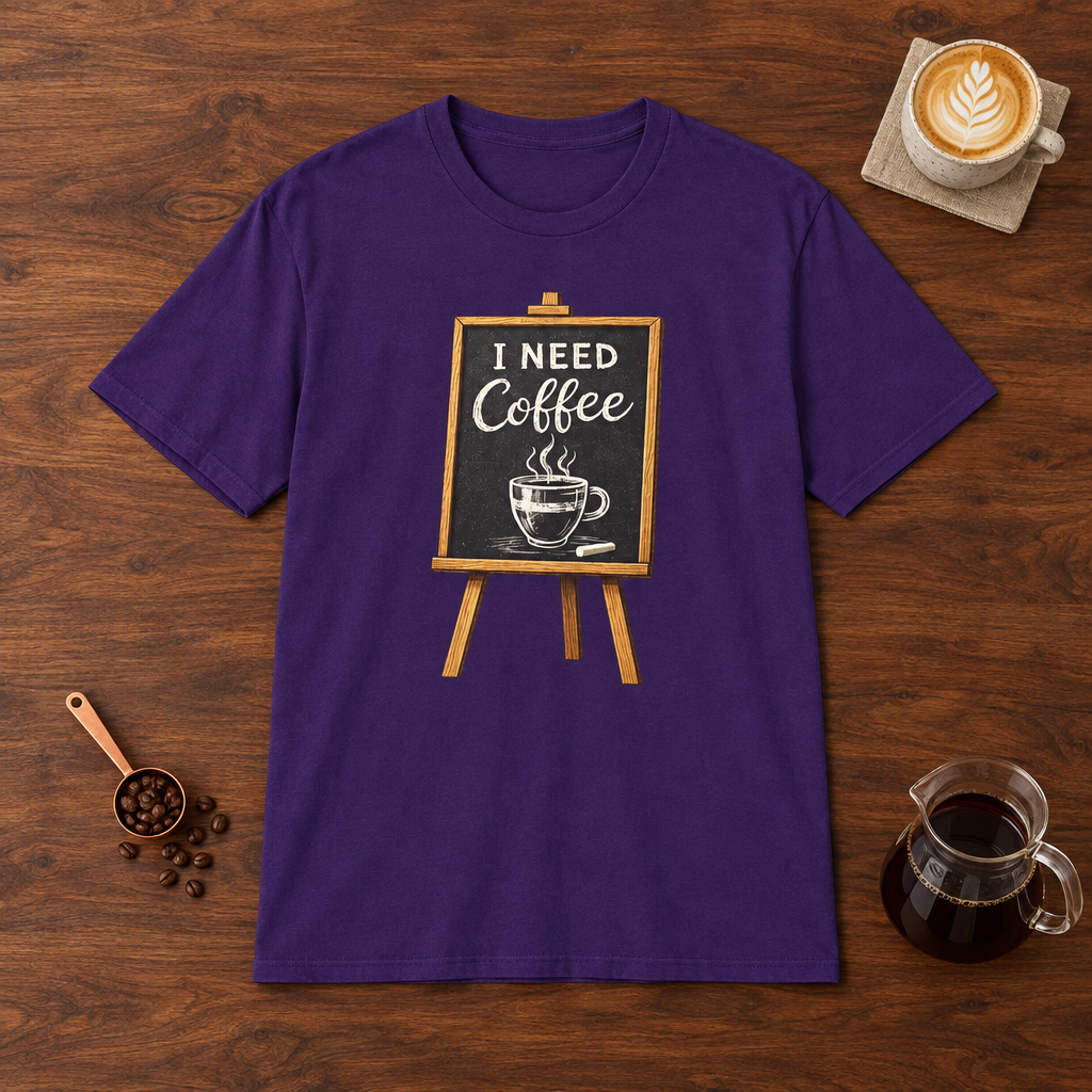 I Need Coffee T-Shirt Purple flat lay on walnut coffee bar