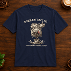 Over-Extracted T-Shirt in Navy on a wooden coffee-themed background