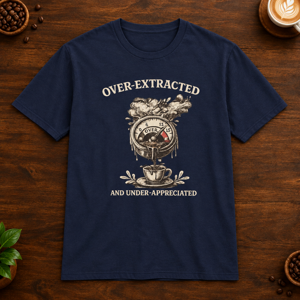 Over-Extracted T-Shirt in Navy on a wooden coffee-themed background