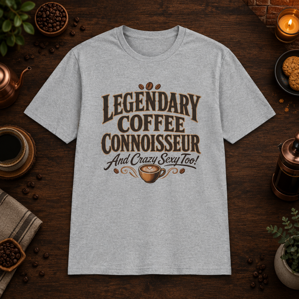 Legendary Coffee Connoisseur T-Shirt in Sport Grey, coffee bar flat lay mockup