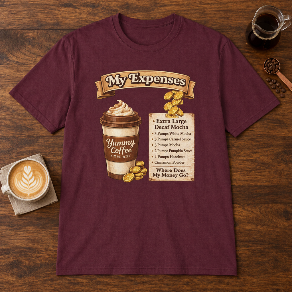 Yummy Coffee T-Shirt Maroon coffee bar mockup