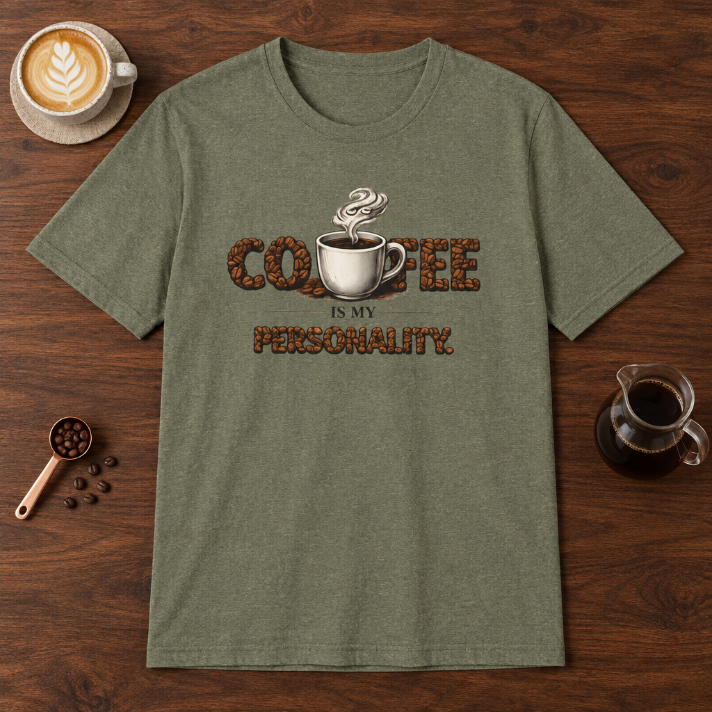 Coffee is My Personality T-Shirt Heather Military Green coffee bar mockup