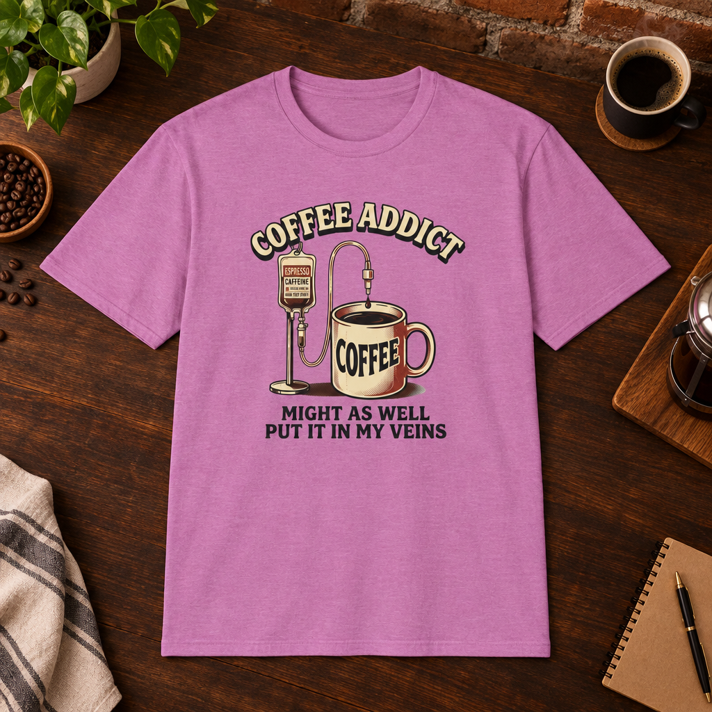 Coffee Addict T-Shirt Heather Radiant Orchid short-sleeve coffee-bar flat lay
