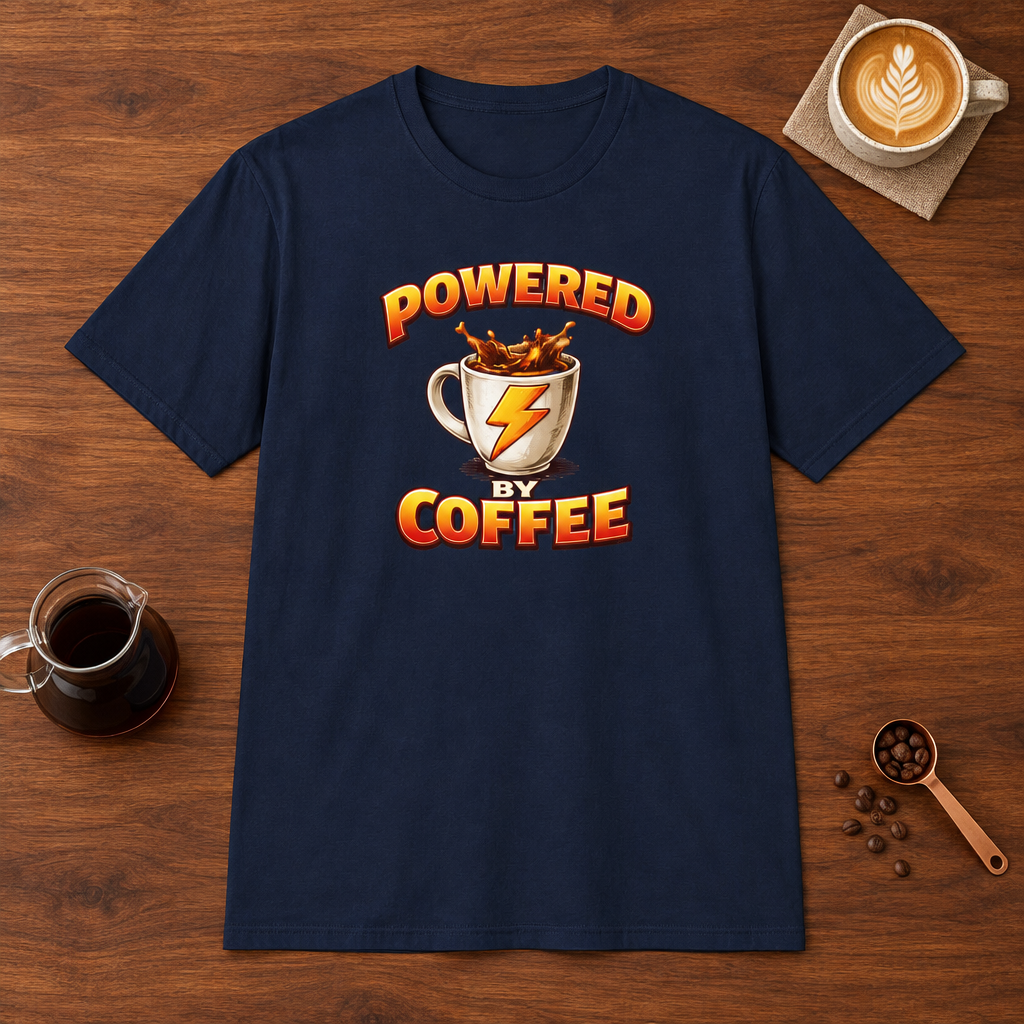 Powered by Coffee T-Shirt Navy coffee bar mockup
