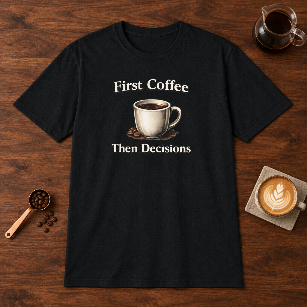 Coffee First Then Decisions T-Shirt Black coffee bar mockup