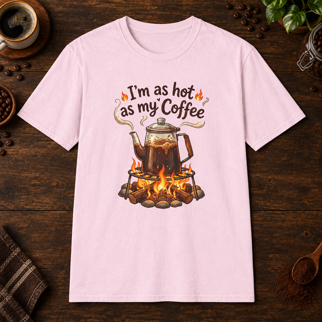 I'm as hot as my Coffee T-Shirt in Light Pink, overhead coffee-bar flat-lay mockup