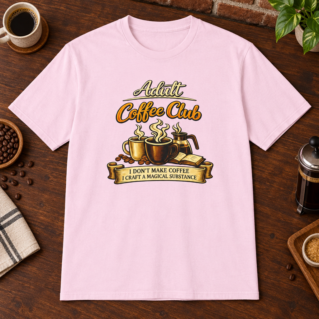 Adult Coffee Club T-Shirt in Light Pink, overhead coffee-bar flat-lay mockup