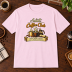 Adult Coffee Club T-Shirt in Light Pink, overhead coffee-bar flat-lay mockup