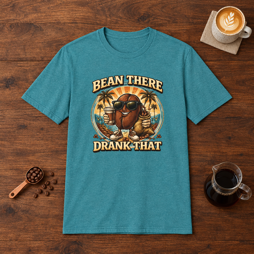 Bean There Drank That T-Shirt Heather Galapagos Blue flat lay on walnut coffee bar