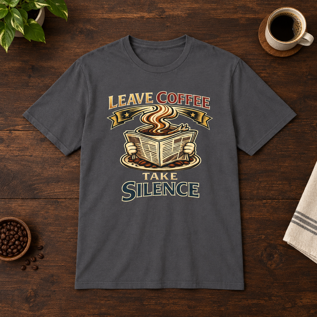 Leave Coffee Take Silence T-Shirt Charcoal coffee-bar flat lay