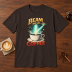 Beam Me Up Coffee T-Shirt Dark Chocolate coffee bar mockup