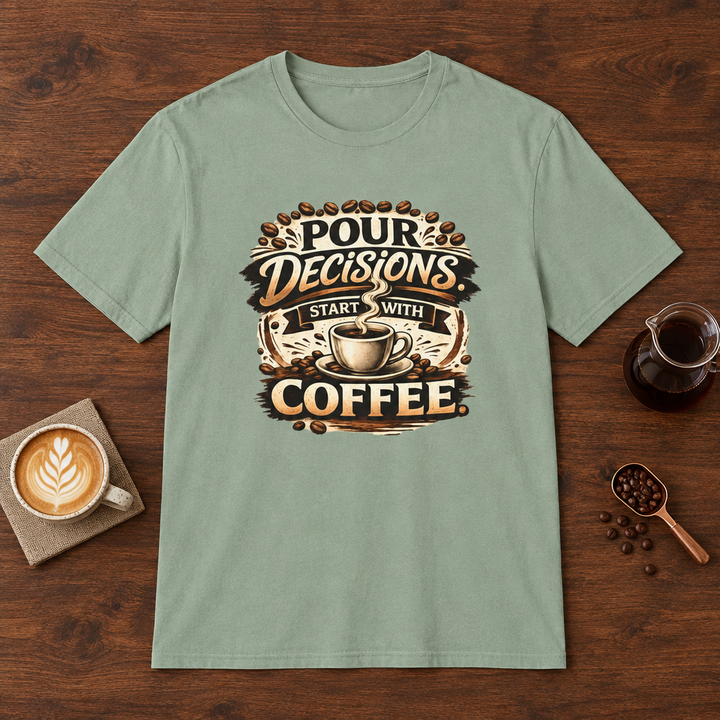 Pour Decisions Start with Coffee T-Shirt Sage coffee bar mockup