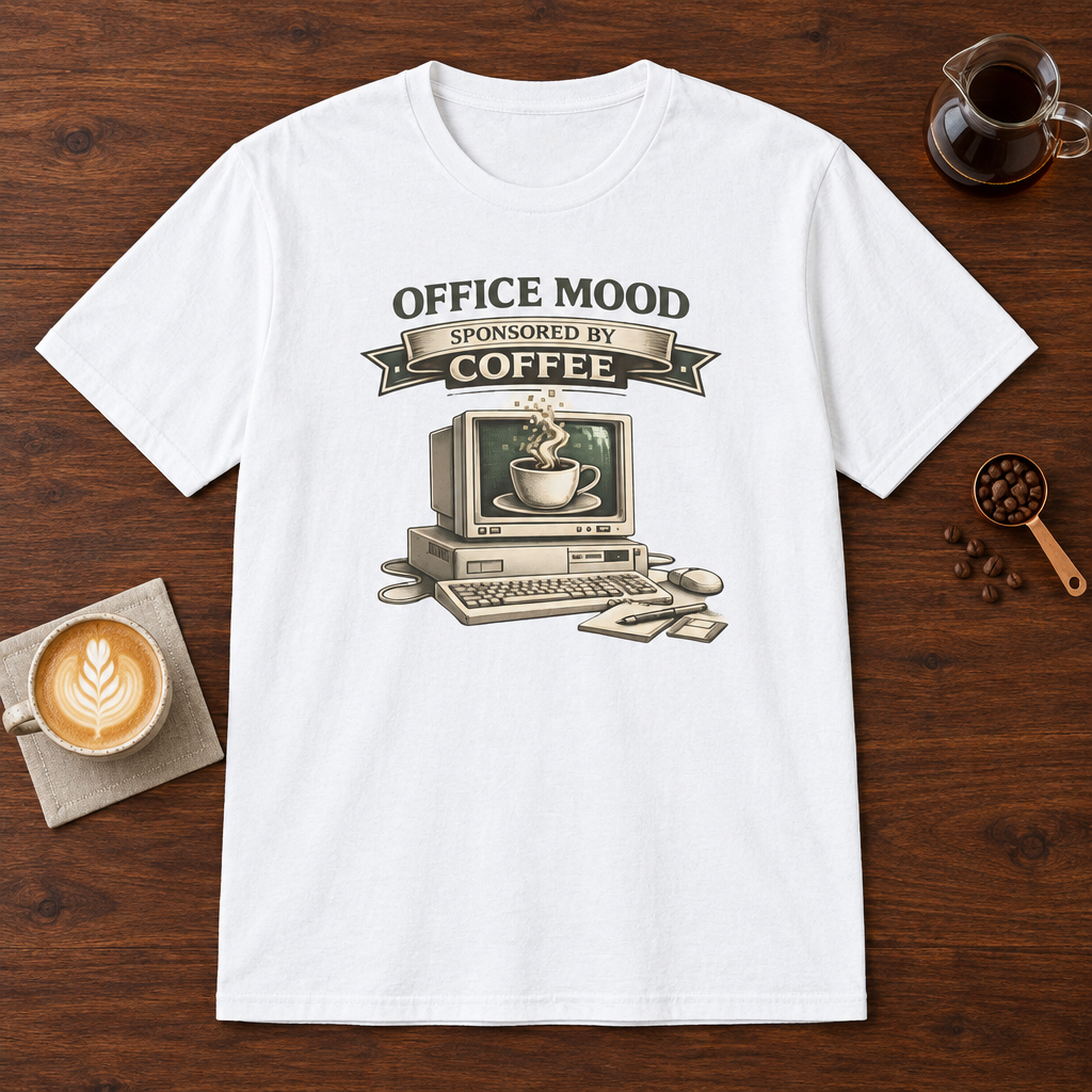 Office Mood Sponsored by Coffee T-Shirt White coffee bar mockup