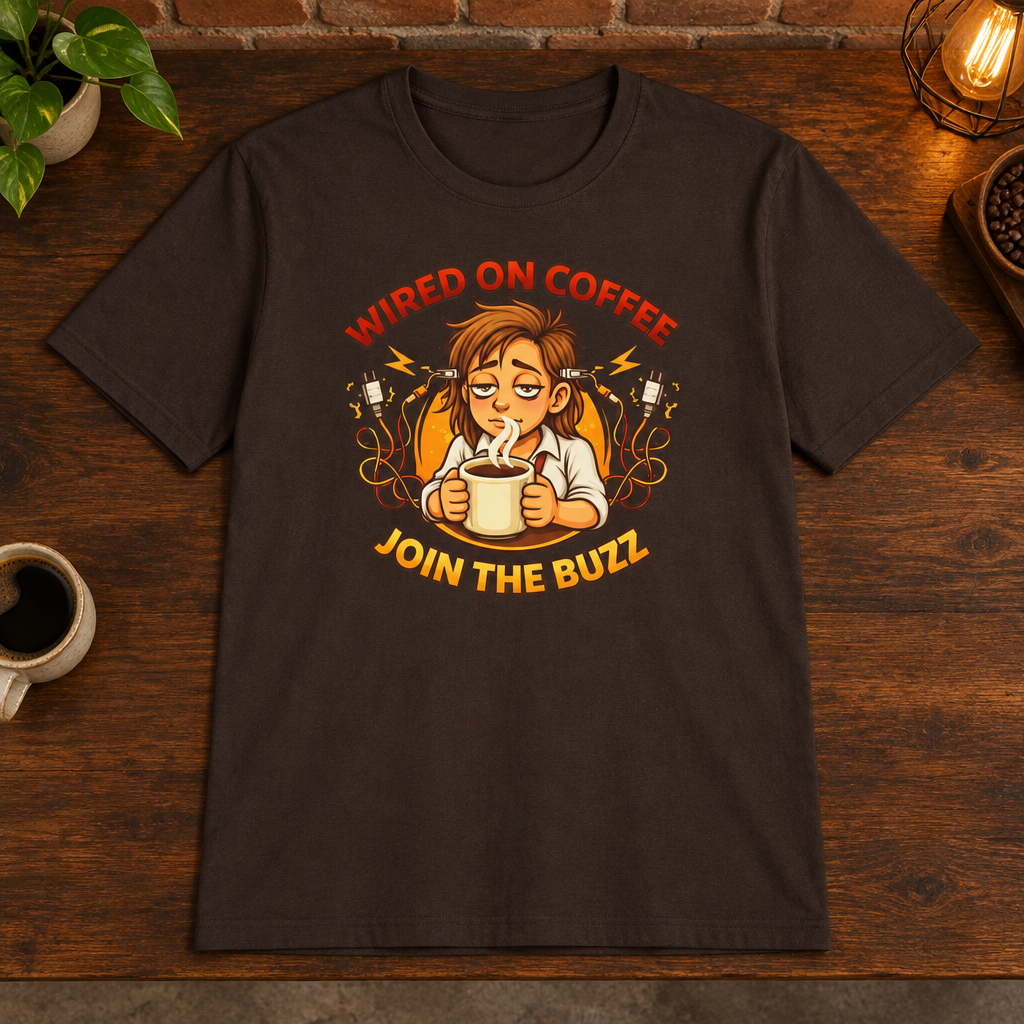 Wired on Coffee T-Shirt Dark Chocolate close-fill short-sleeve coffee-bar flat lay