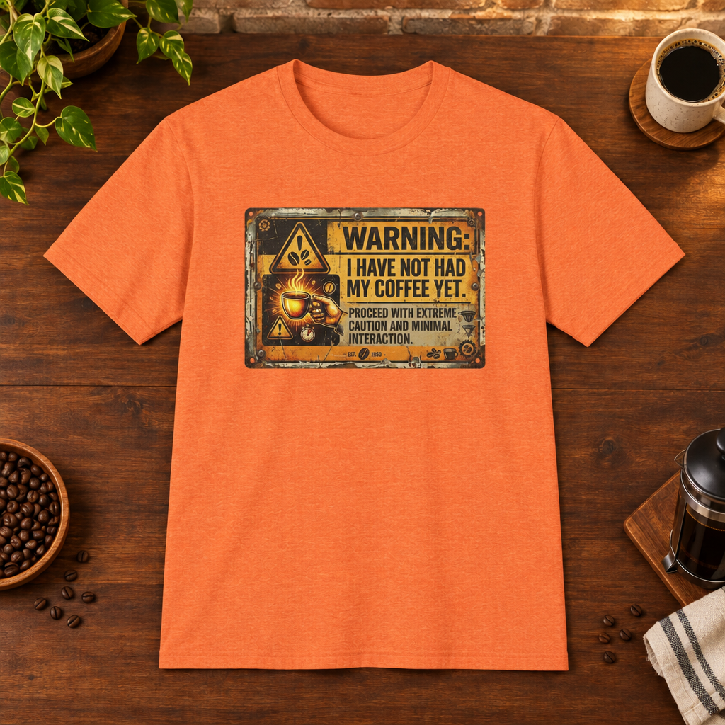 Warning Sign T-Shirt Heather Orange coffee-bar flat lay, Sport Grey-matched framing