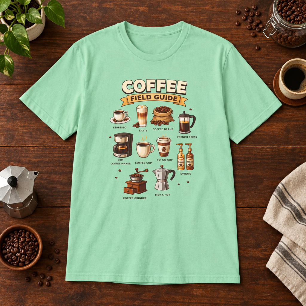 Coffee Field Guide T-Shirt Mint Green short-sleeve coffee-bar flat lay