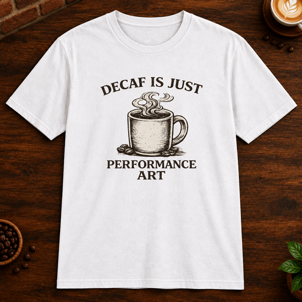Decaf is Just Performance Art T-Shirt in White, close-up on dark wood coffee bar