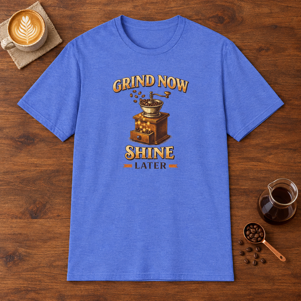 Grind Now Shine Later T-Shirt Heather Royal coffee bar mockup