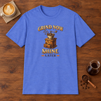 Grind Now Shine Later T-Shirt Heather Royal coffee bar mockup