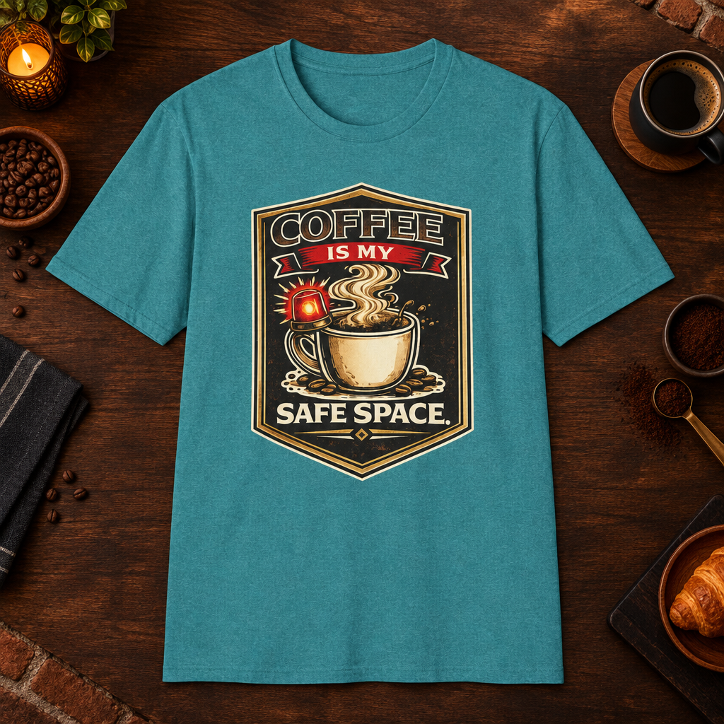 Coffee is My Safe Space T-Shirt in Heather Galapagos Blue, zoomed lifestyle mockup