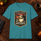 Coffee is My Safe Space T-Shirt in Heather Galapagos Blue, zoomed lifestyle mockup