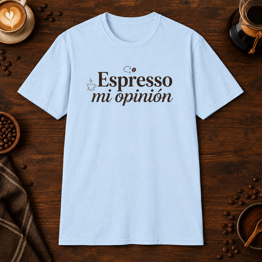 Espresso mi opinión T-Shirt in Light Blue, overhead coffee-bar flat-lay mockup