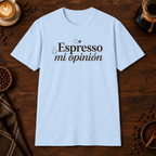 Espresso mi opinión T-Shirt in Light Blue, overhead coffee-bar flat-lay mockup