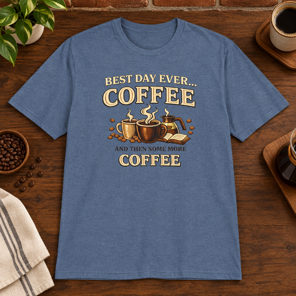 Best Day Ever T-Shirt Heather Indigo close-fill short-sleeve coffee-bar flat lay