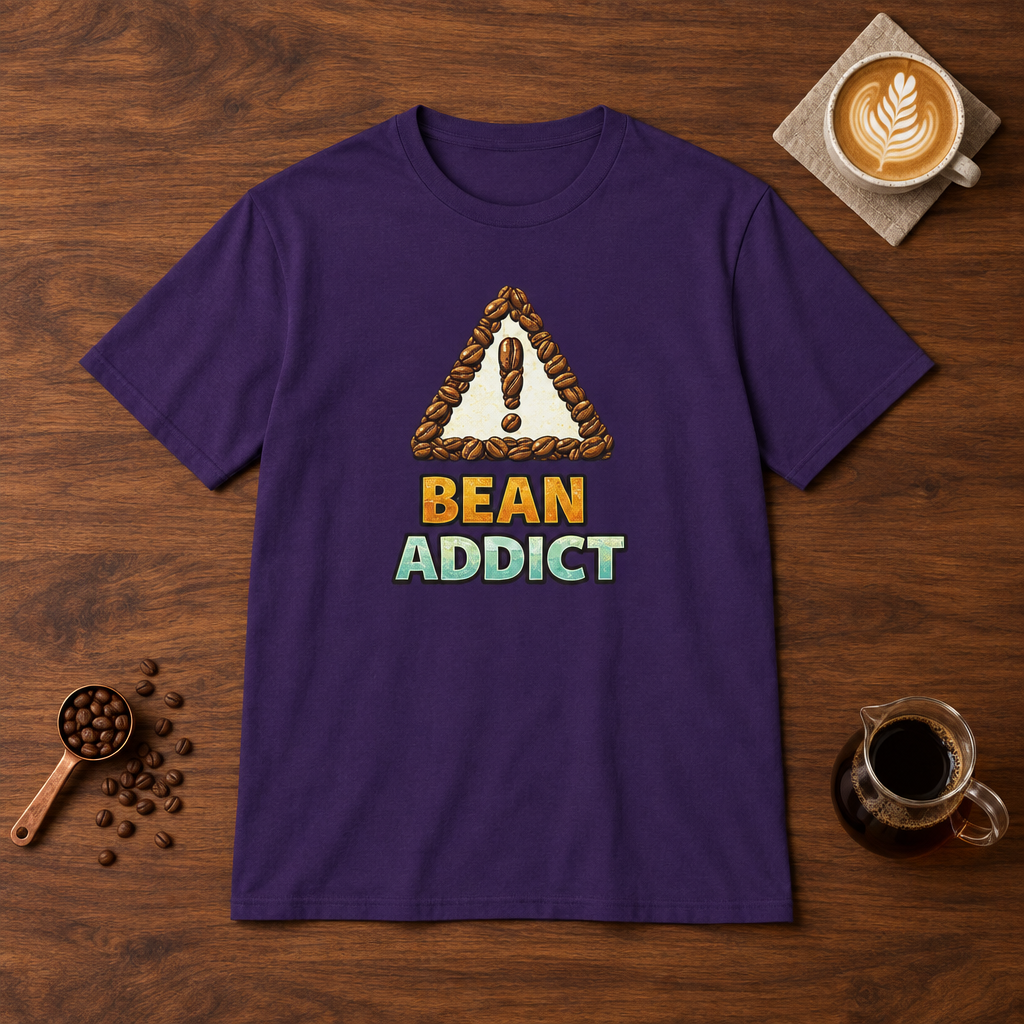 Bean Addict T-Shirt Purple flat lay on walnut coffee bar