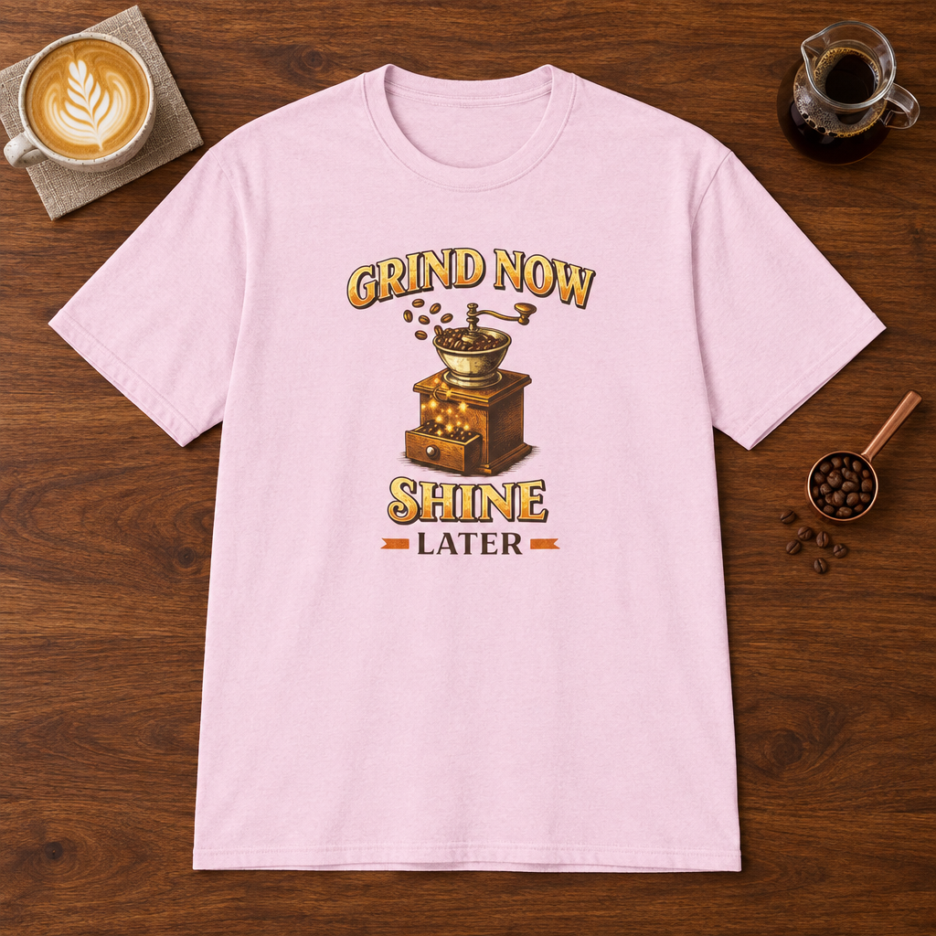 Grind Now Shine Later T-Shirt Light Pink coffee bar mockup