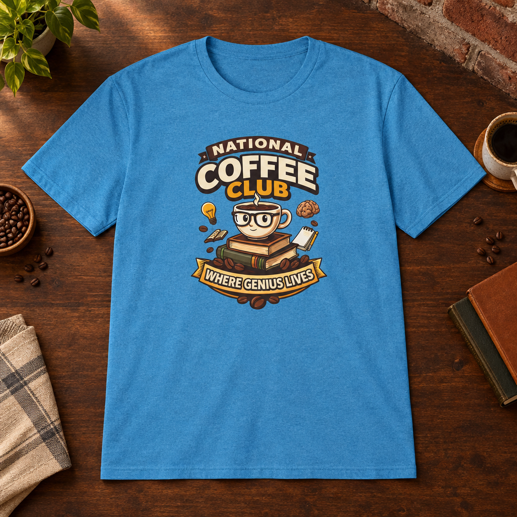 National Coffee Club T-Shirt Heather Sapphire close-fill short-sleeve coffee-bar flat lay