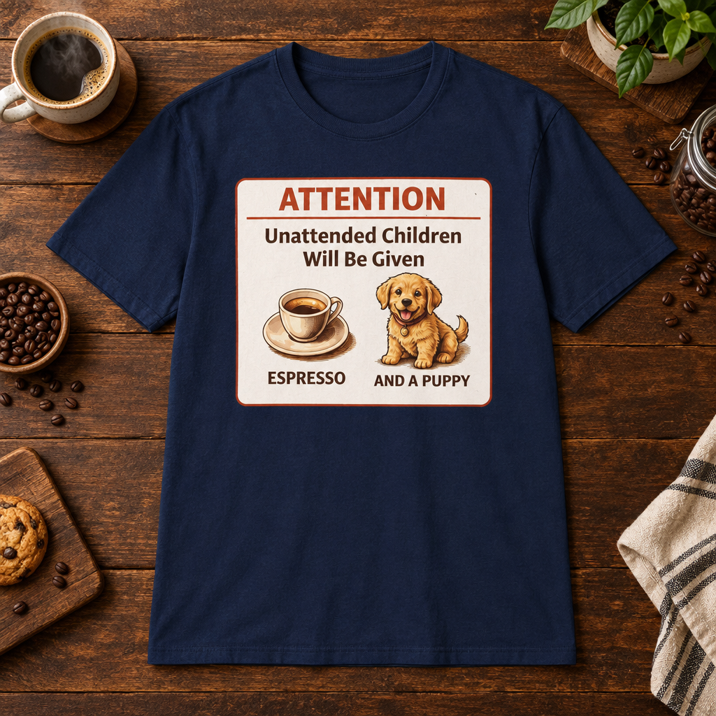 Espresso and Puppies T-Shirt Navy short-sleeve coffee-bar flat lay