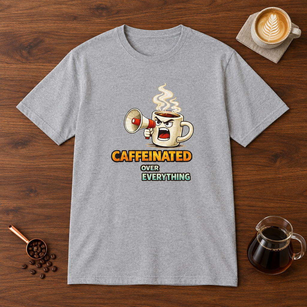 Caffeinated Over Everything T-Shirt Sport Grey flat lay on walnut coffee bar