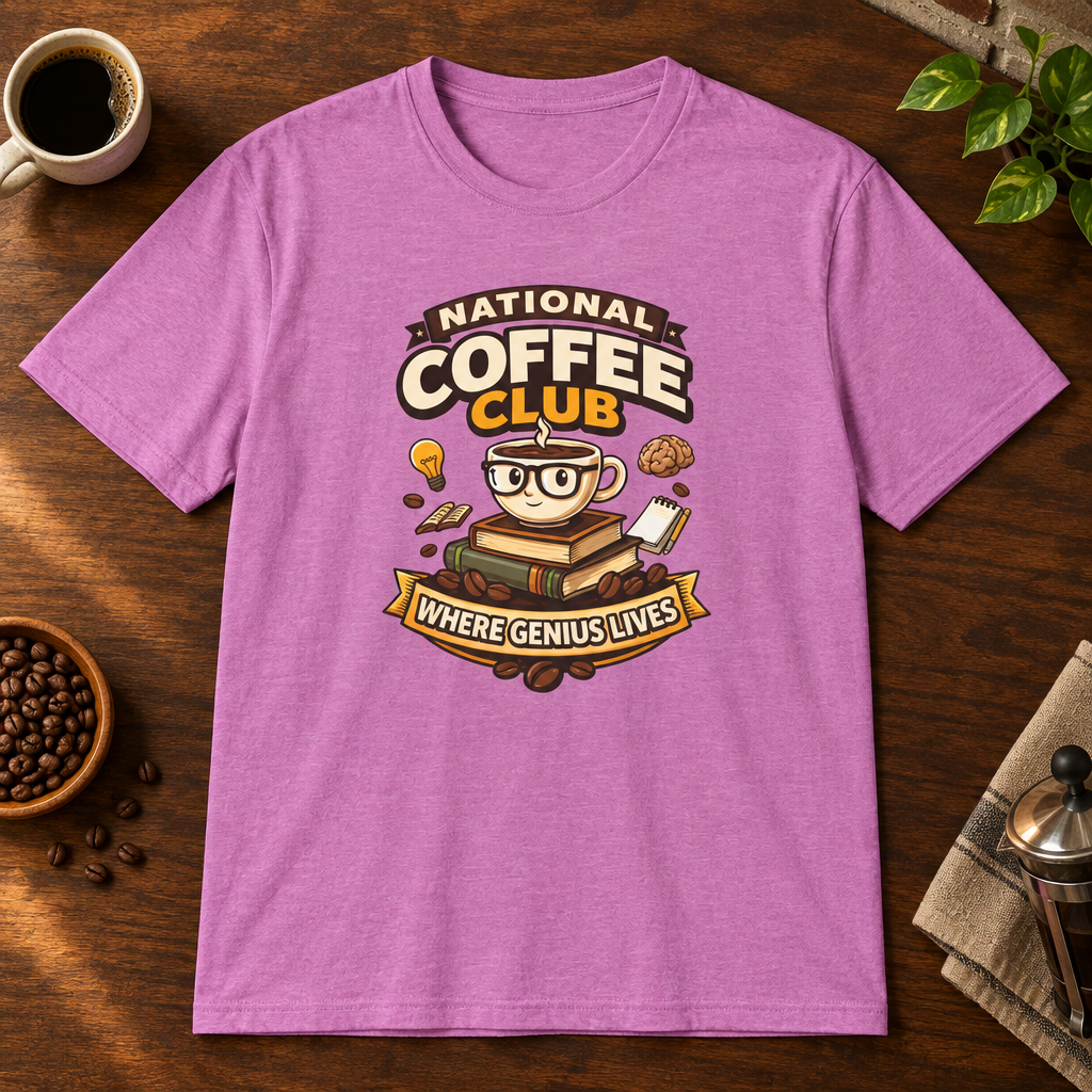 National Coffee Club T-Shirt Heather Radiant Orchid close-fill short-sleeve coffee-bar flat lay